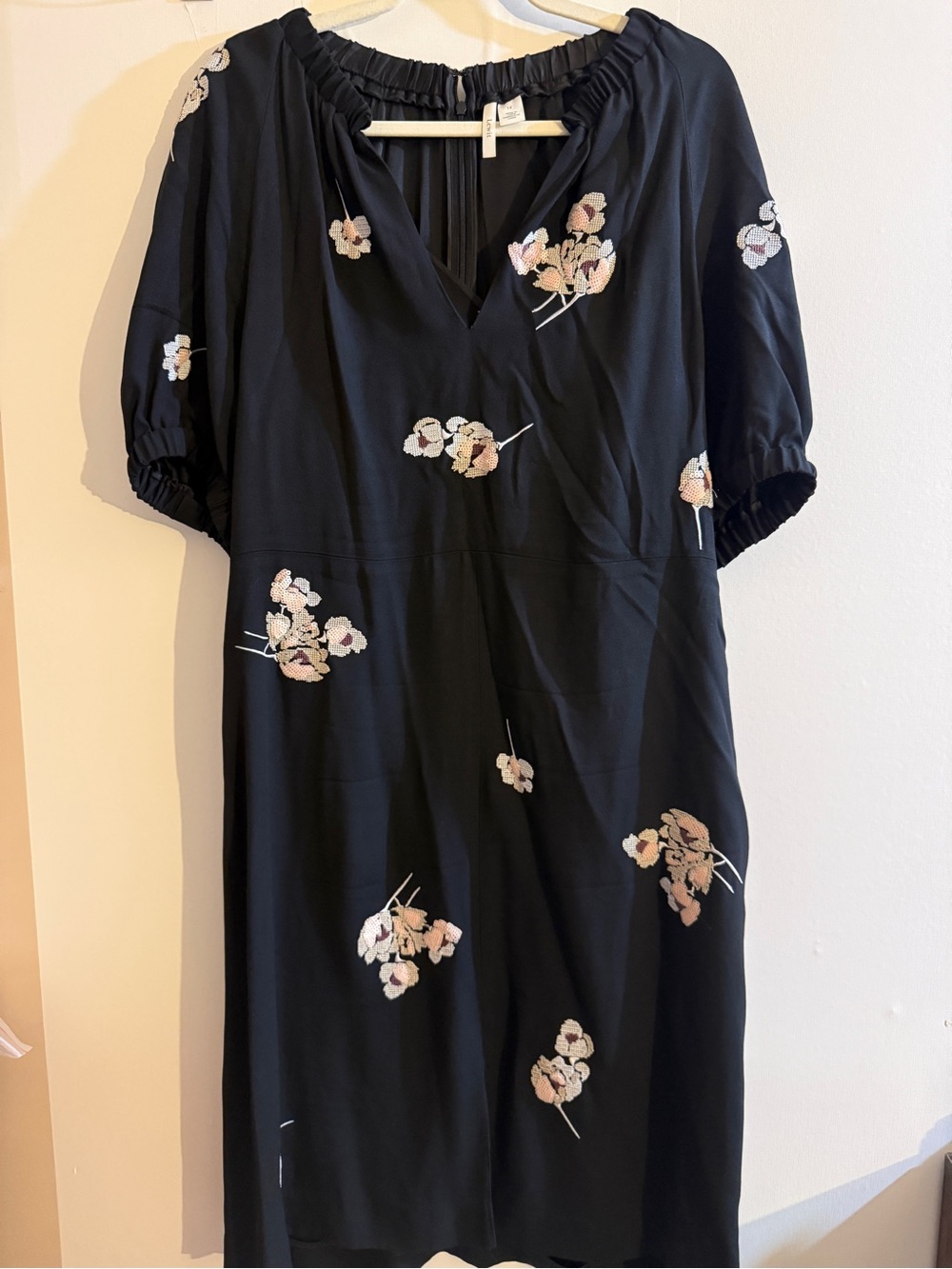 Lewit Size 14 Black Floral Sequin Embroidered Midi Dress Puff Sleeve